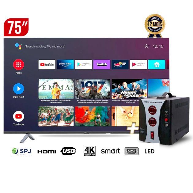 Pack SMART TV SPJ - 75" - 4KS75BL4200V - 4K- Android - Chrome CAST intégré + Regulateur de tension Roch 1000VA offert - Garantie 12 mois