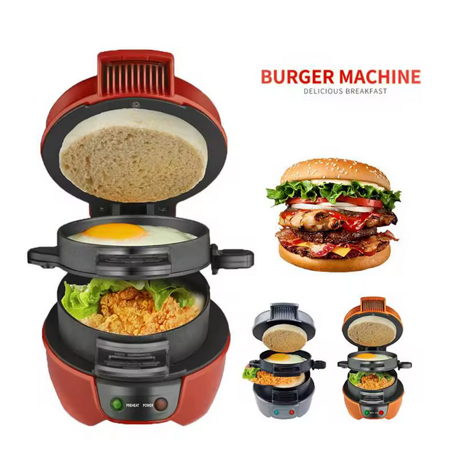Machine à Hamburger Automatique 3 en 1 Mini Machine Ronde Électrique à Hamburger Grill Petit Déjeuner Sandwich Maison Burger Maker